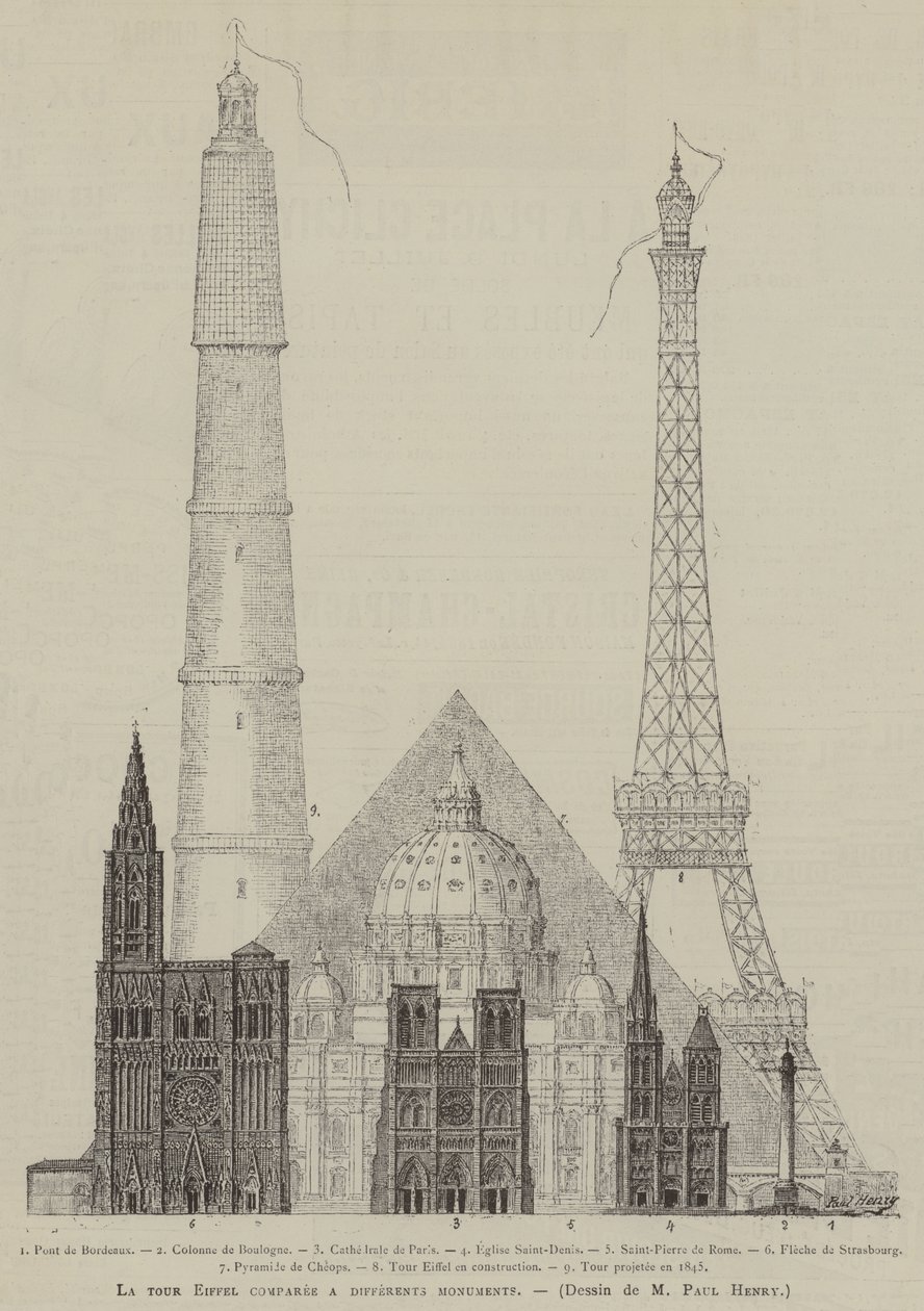 La tour Eiffel comparee a differents monuments (gravure) door French School