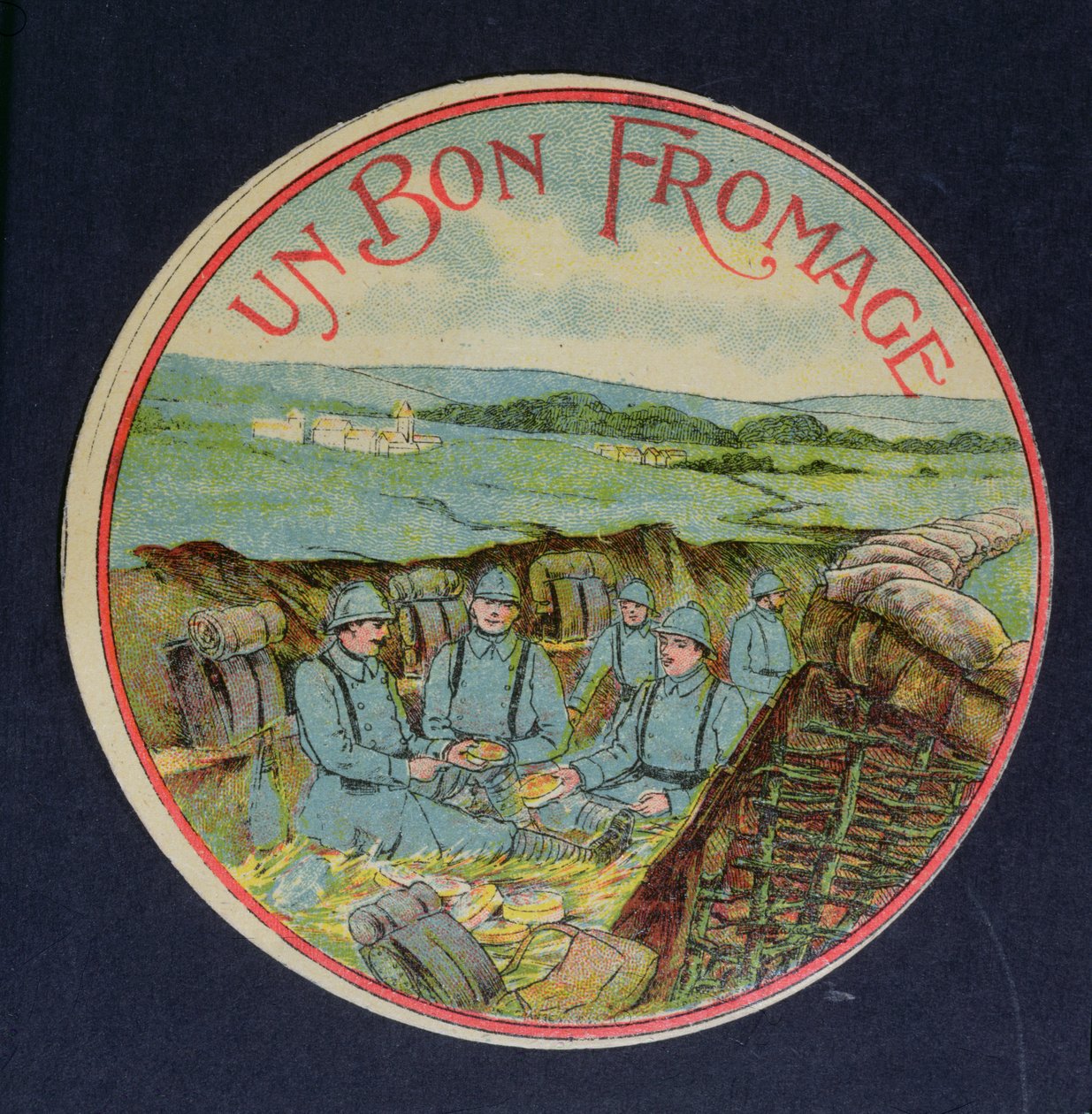 Etiket voor Un Bon Fromage Camembert kaas die soldaten in de loopgraven toont, 1914-18 door French School