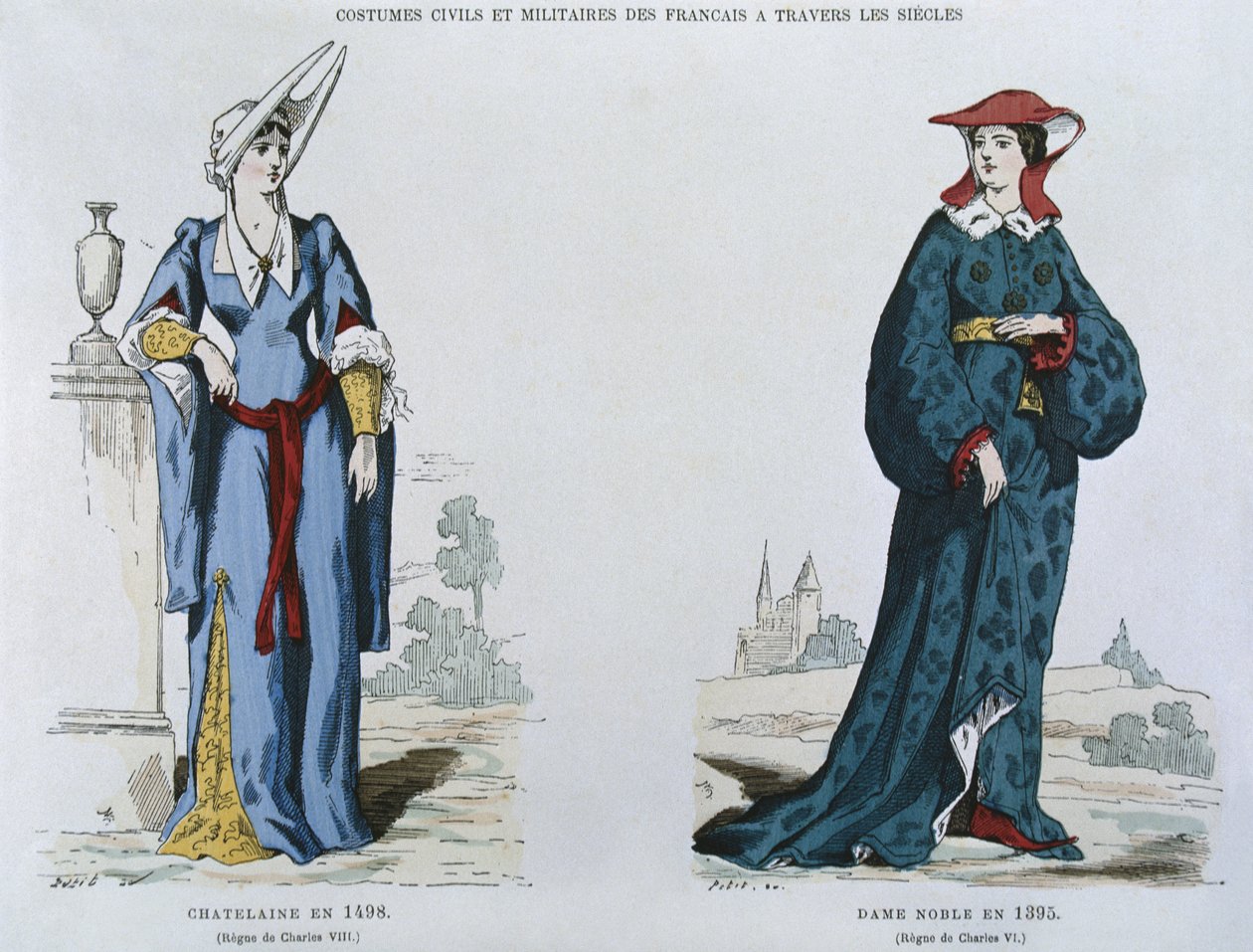 Dame in 1498 onder het bewind van Karel VIII (1470-98), adellijke vrouw in 1395 onder het bewind van Karel VI (1380-1422), uit Costumes civils et militaires des francais a travers les siecles door French School