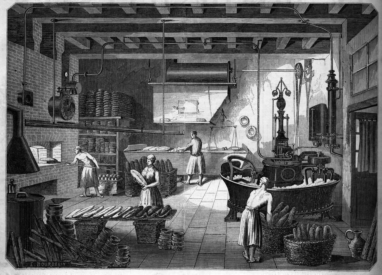 Grote Franse industrieën in de 19e eeuw: Drouot-apparaten voor het bakken. Fournil van de heer Courcier, rue Saint Maur in Parijs. In 