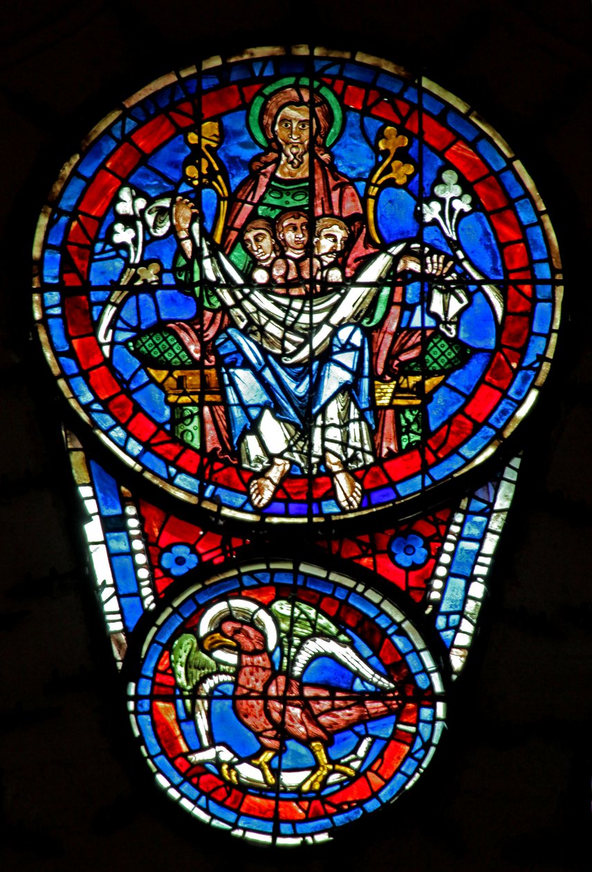 Laatste Oordeel: de schoot van Abraham met 3 zielen; St. Johannes