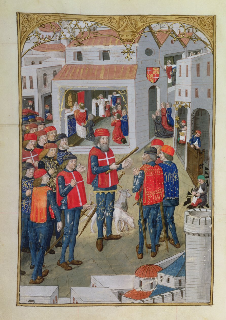 De Ridders van St. Jan van Jeruzalem bereiden zich voor om Rhodos te verdedigen, uit A History of the Siege of Rhodes, door Guillaume Caoursin, 1483 door French School