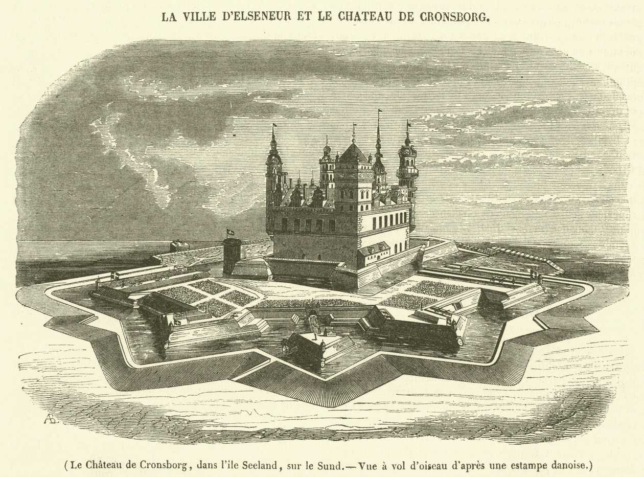 Kasteel Cronsborg, op het eiland Seeland, op de Sund, vogelvlucht (gravure) door French School
