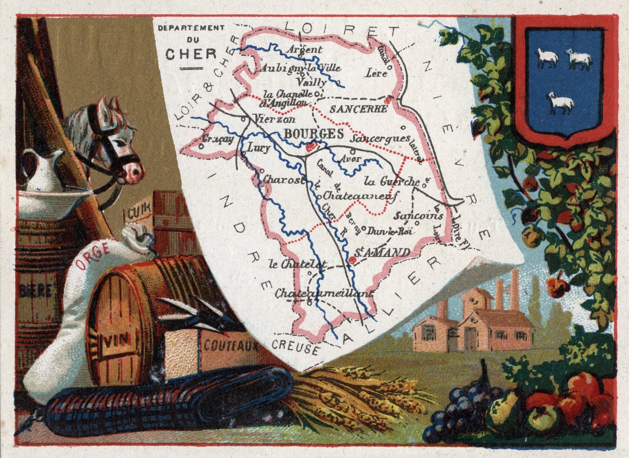 Le Cher (18), Centre, Frankrijk. Serie over de Franse departementen. Bier, gerst, leer, wijn en messen. Chromolithografie 