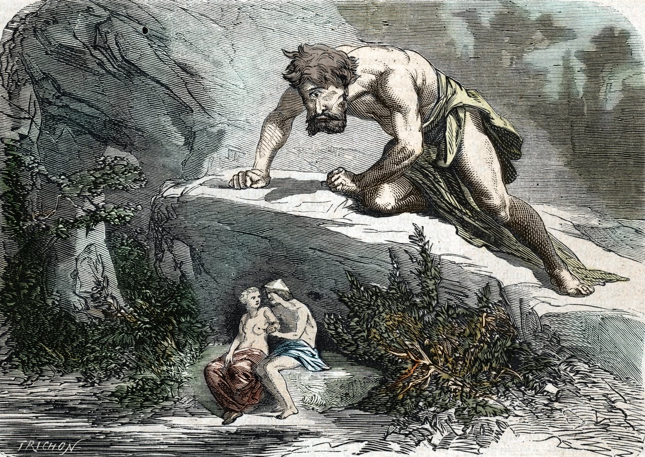 De Cycloop Polyphemus verrast Galatea en Acis (gravure) 1864 door French School