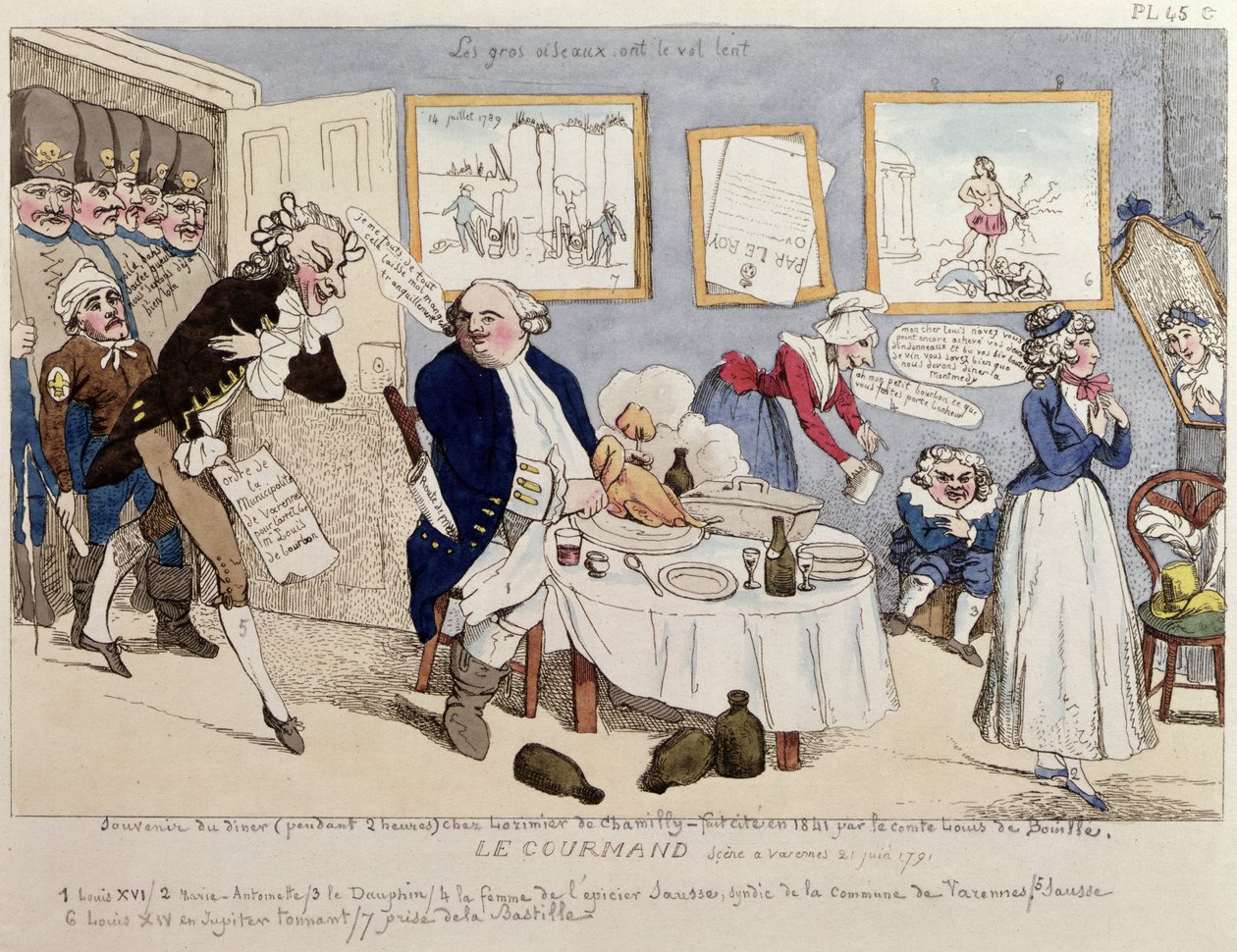 Le Gourmand, karikatuur van Lodewijk XVI (1754-93) en de Franse koninklijke familie op het moment van hun arrestatie in Varennes op 21 juni 1791 door French School