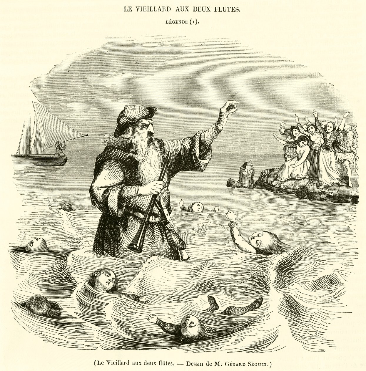 De oude man met twee fluiten (gravure) door French School