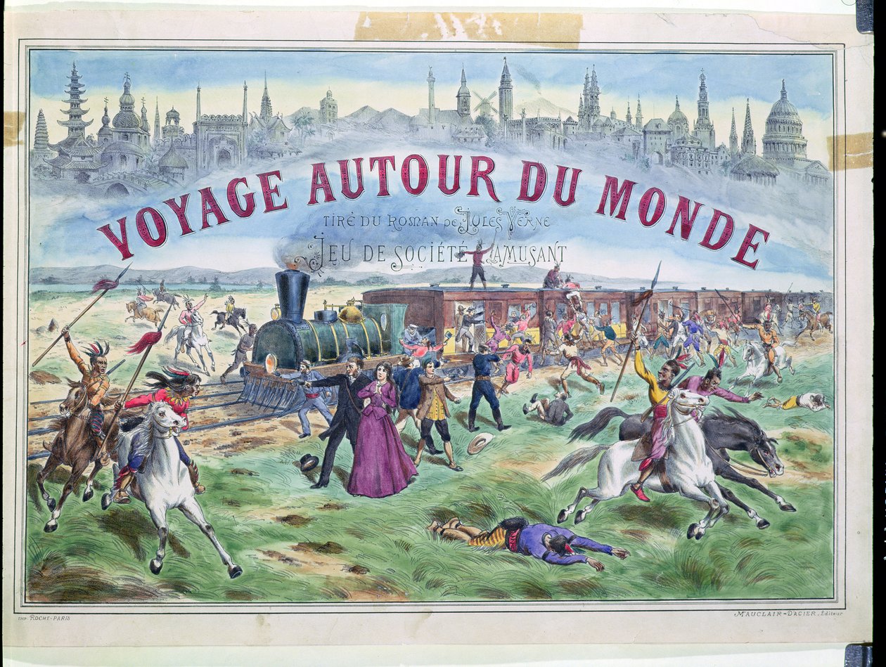 Le Voyage Autour du Monde, doosdeksel voor een spel gebaseerd op De reis om de wereld in 80 dagen van Jules Verne (1828-1905) door French School