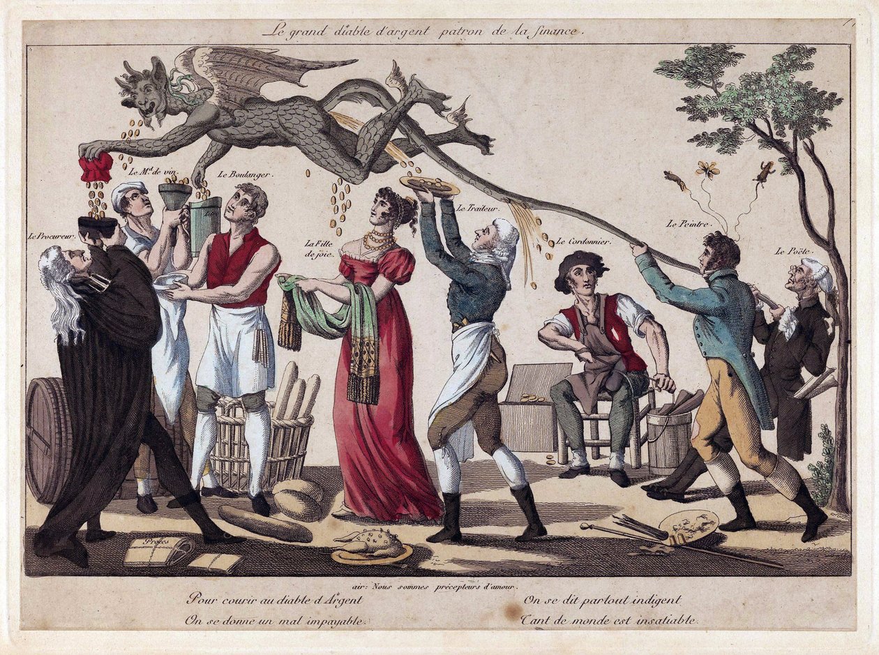 De grote zilveren duivel, patroon van de financiën. (Een duivel zweeft boven mannen en vrouwen, elk met het kenmerkende kostuum van hun beroep (aanklager, wijnhandelaar, bakker, prostituee, cateraar, schoenmaker, schilder en dichter) en houdt recipiënten v door French School