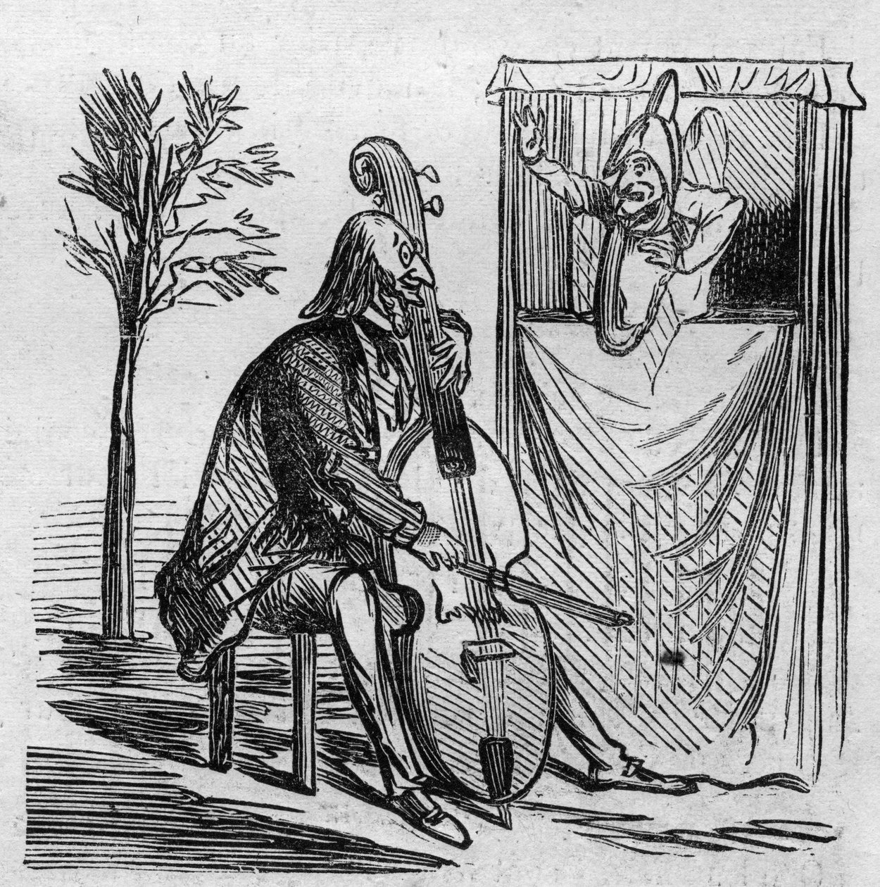 Le maestro Offenbach die met zijn muziek alle theaters van Parijs in beslag neemt. De Duitse componist genaturaliseerd Fransman Jacques Offenbach (1819-1880) speelt cello. Karikatuur van Cham. Gravure in 