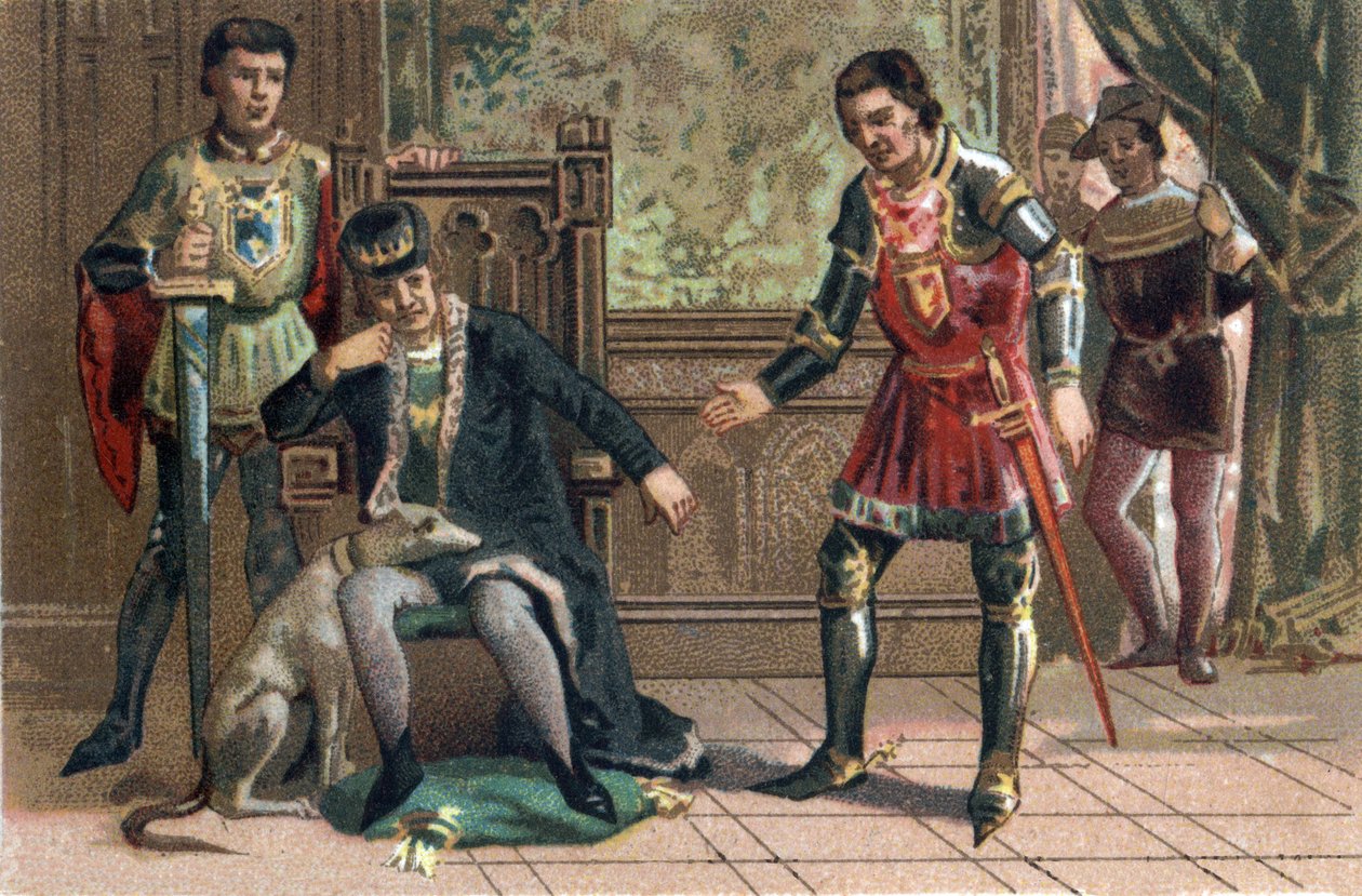 Liga van het Openbaar Goed: Koning Lodewijk XI ontmoet Karel de Stoute in Peronne, Hertog van Bourgondië. Chromolithografie rond 1890. door French School