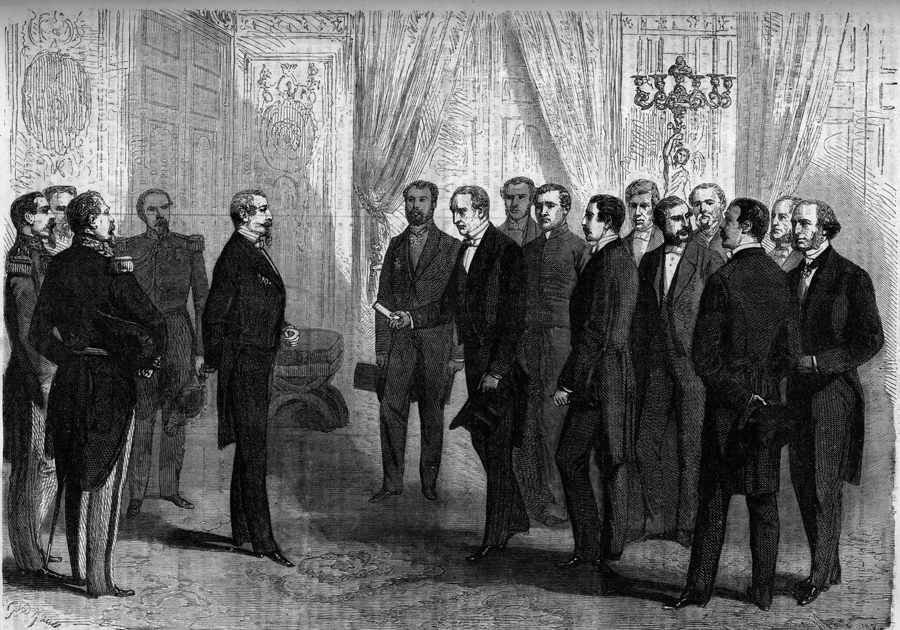 Keizer Napoleon III ontvangt in de Tuilerieën de Mexicaanse delegatie die de kroon van Mexico aanbiedt aan prins Maximiliaan (Maximiliaan I van Mexico). Parijs door French School