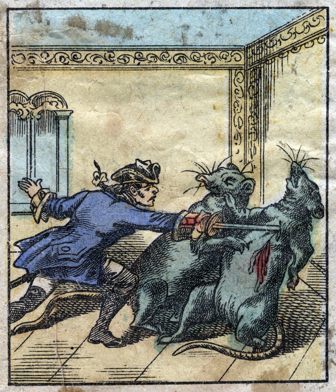 Lemuel Gulliver vecht tegen ratten in het land van de reuzen van Brobdingnag. Illustratie voor "Gulliver