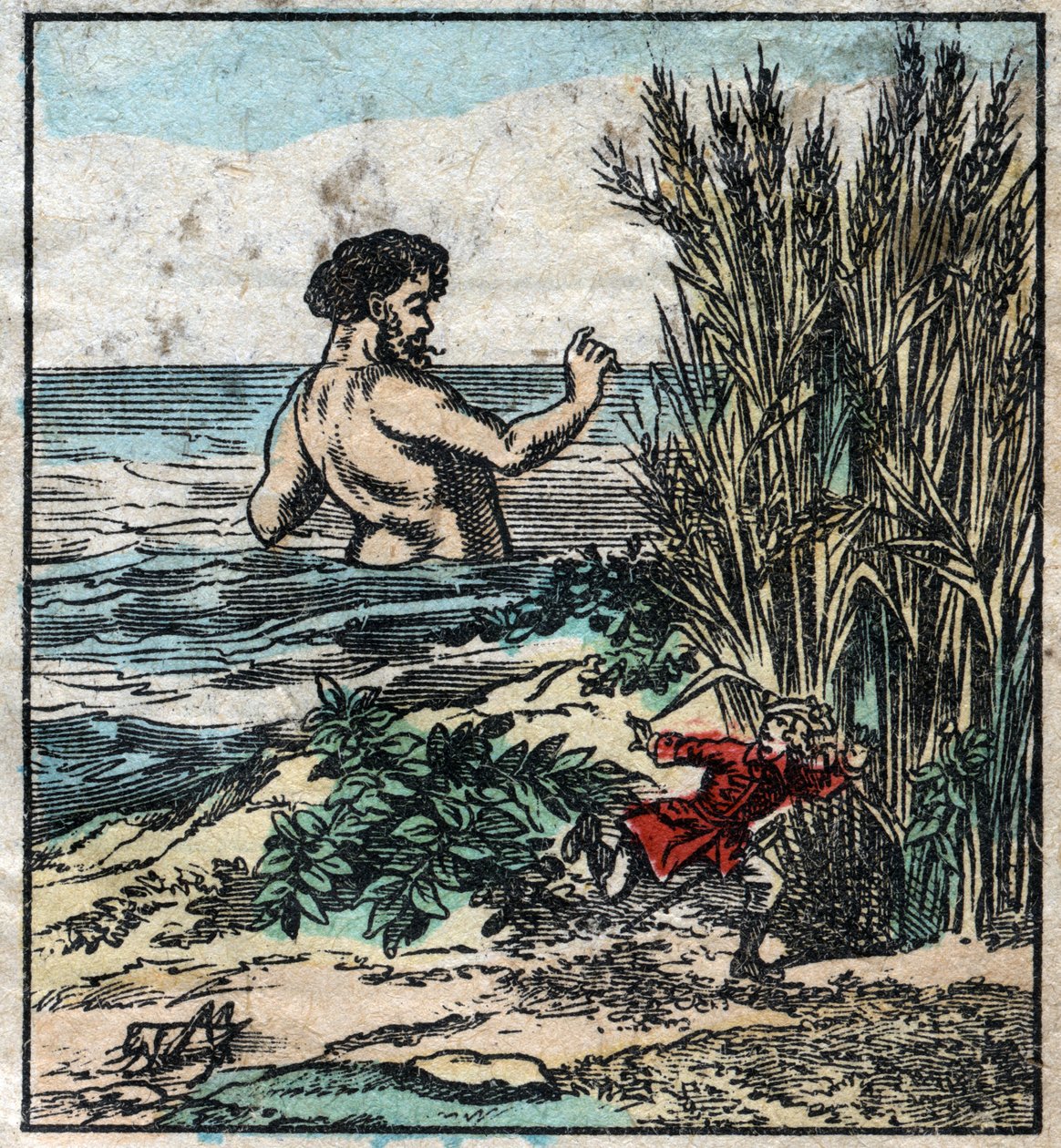 Lemuel Gulliver verstopt zich voor een reus in Brobdingnag. Illustratie voor "Gulliver