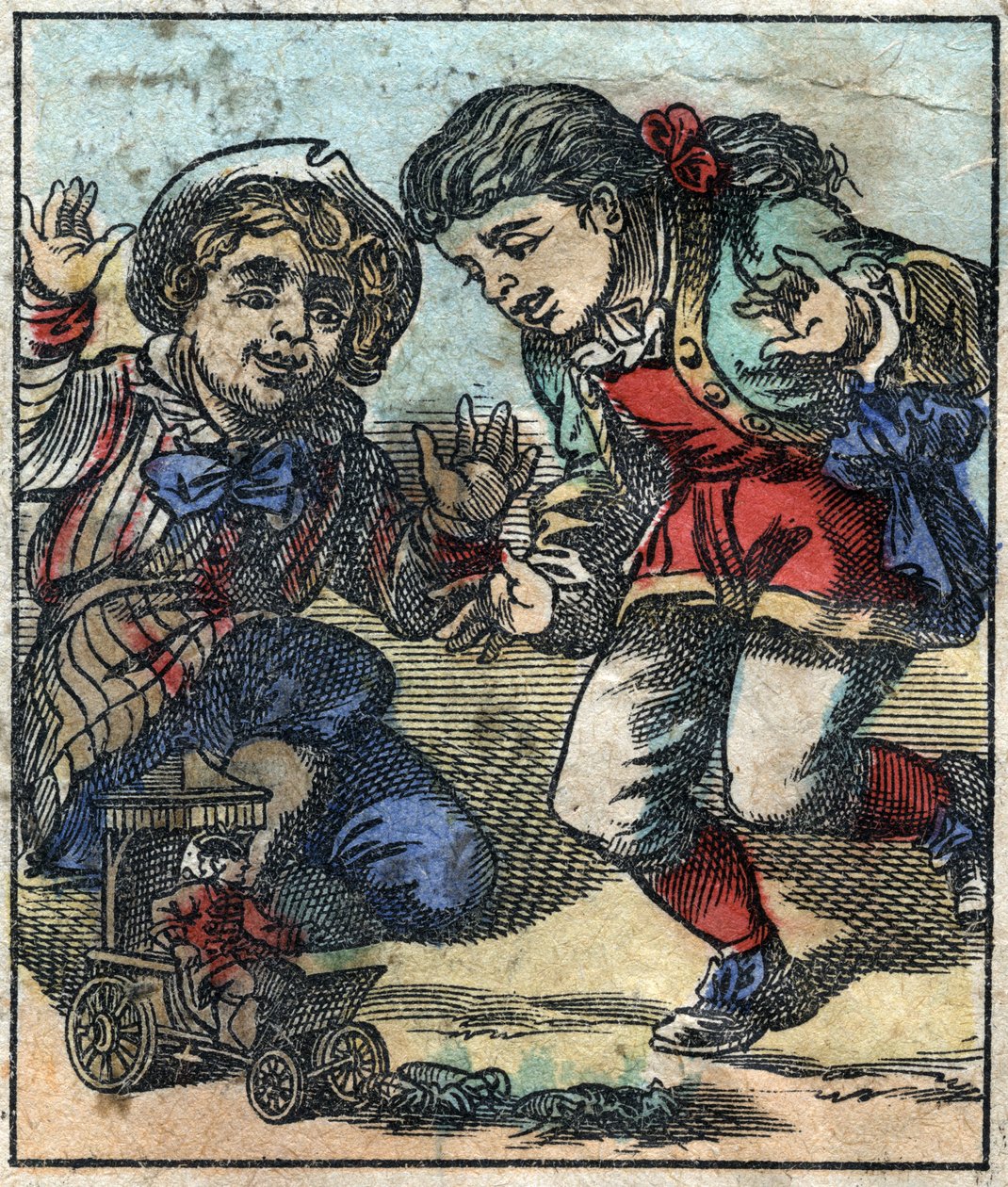 Lemuel Gulliver wordt gebruikt als speelgoed door de reuzenkinderen van Brobdingnag. Illustratie voor Gulliver
