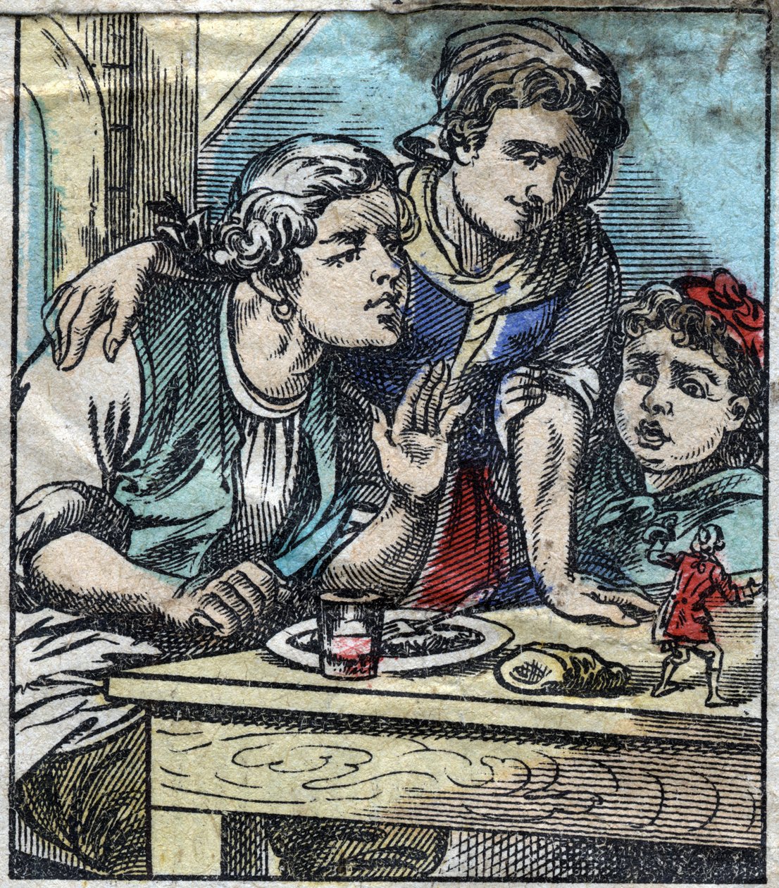 Lemuel Gulliver op de tafel van de familie Glumdalclitch, in het land van de reuzen van Brobdingnag. Illustratie voor "Gulliver
