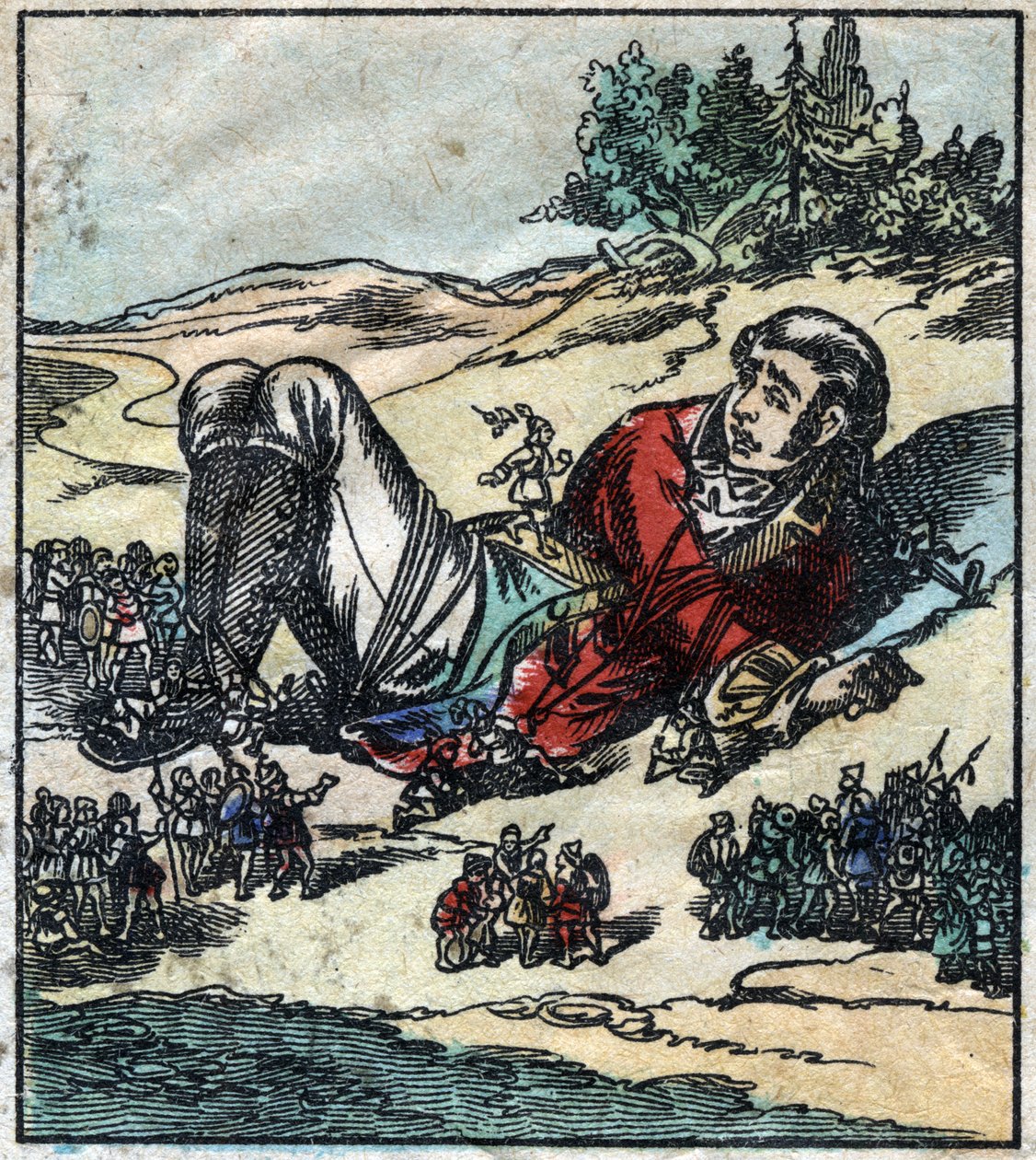 Lemuel Gulliver werd wakker na zijn schipbreuk en werd gevangengenomen door de Lilliputters. Illustratie voor "Gulliver