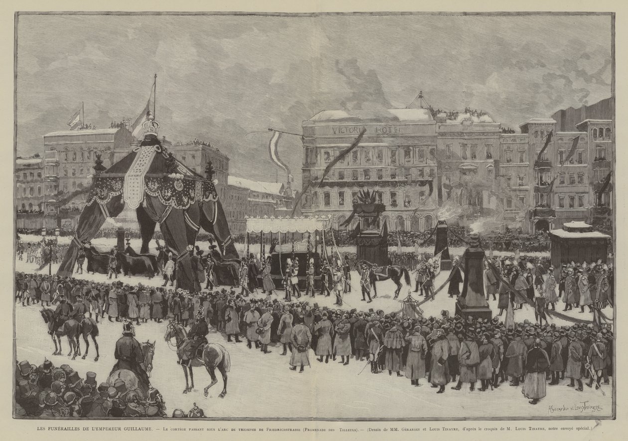 De begrafenis van keizer Wilhelm, de stoet onder de triomfboog in de Friedrichstrasse, Promenade des Tilleuls (gravure) door French School