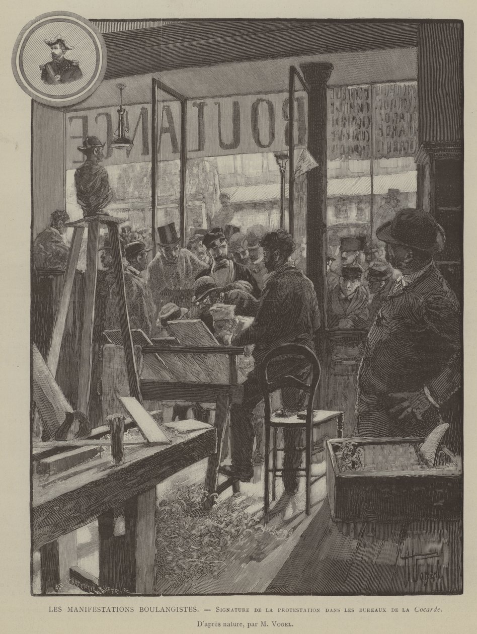 Les Manifestations Boulangistes, Handtekening van het protest in de kantoren van Cocarde (gravure) door French School