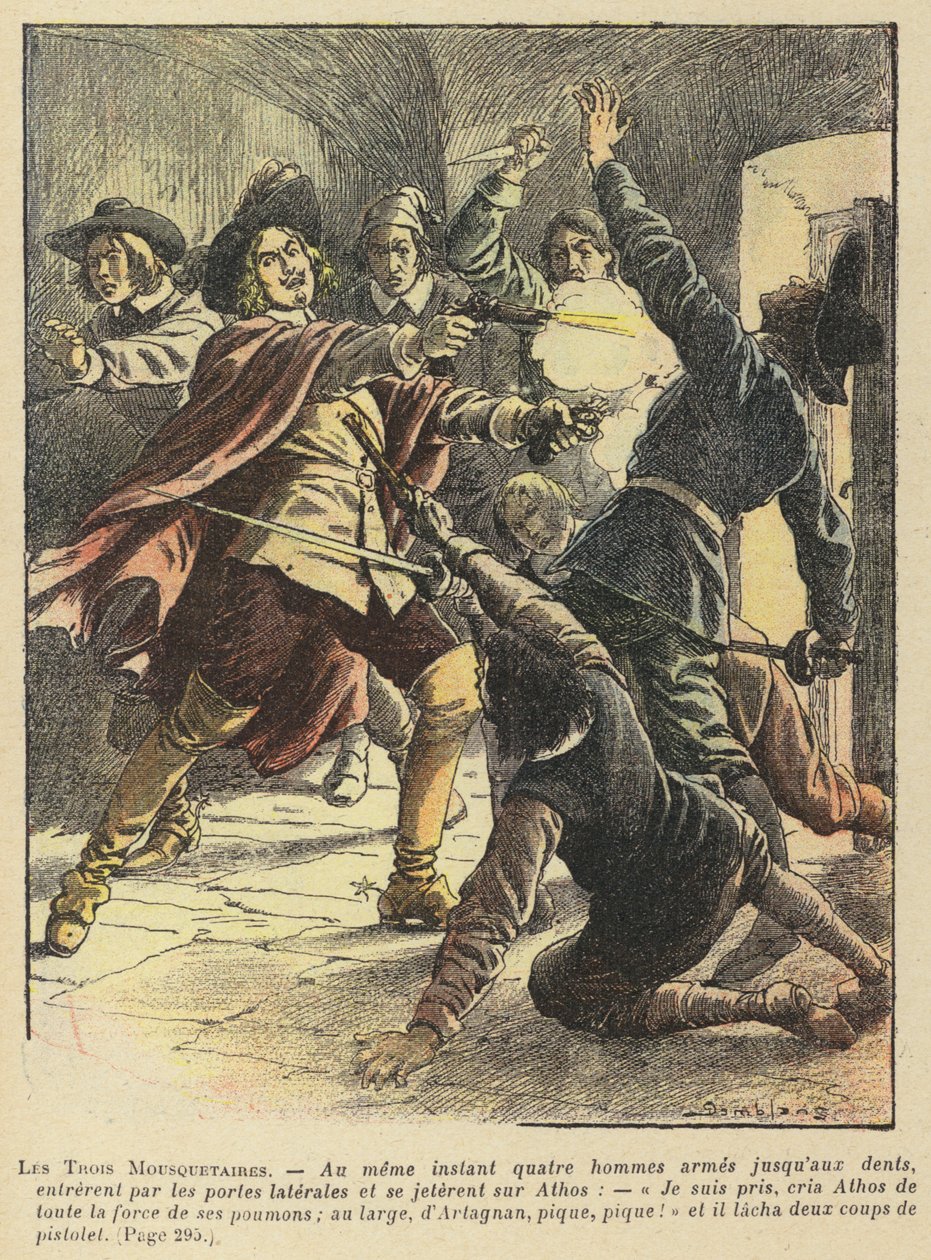 De drie musketiers door Alexandre Dumas (kleurenlitho) door French School