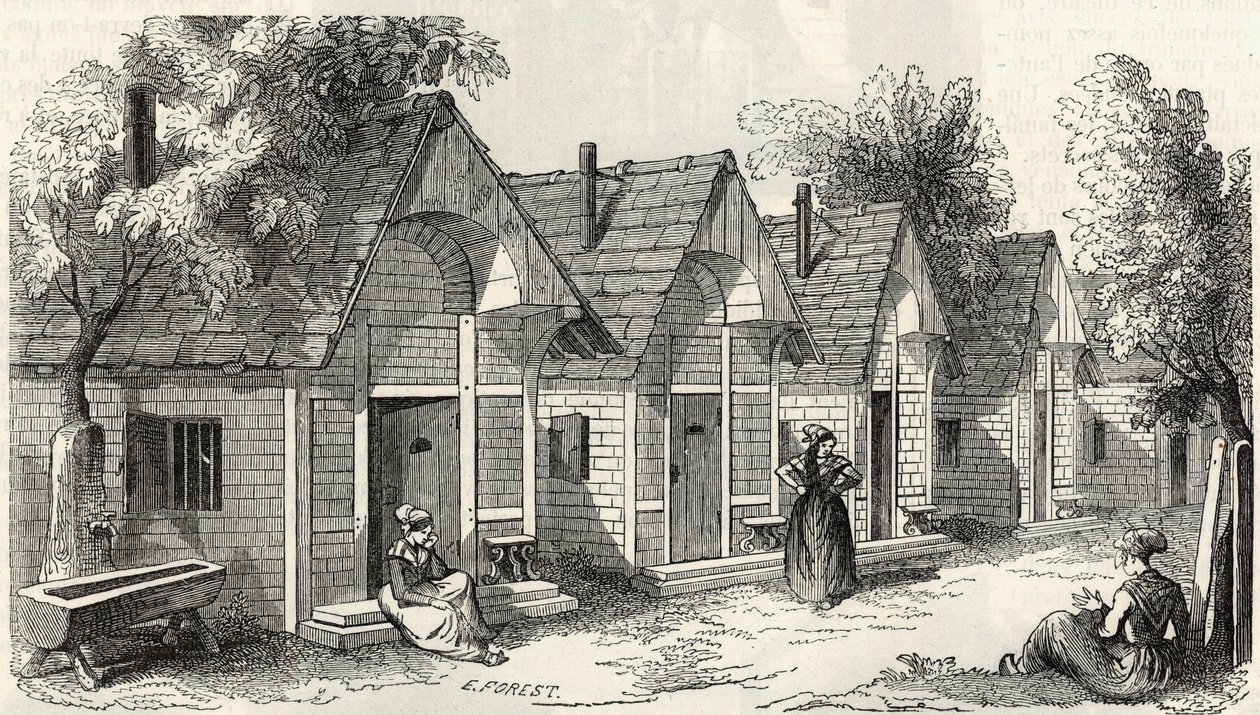 Les chalets de la Salpetriere voor de rusteloze gekken - Gravure in 