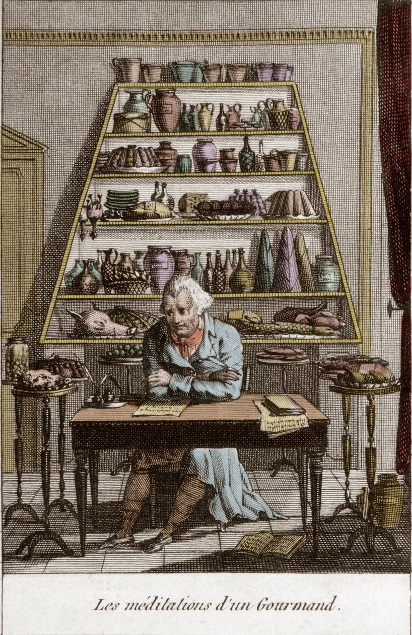 De overpeinzingen van een fijnproever - gravure in "Almanach des gourmands, dienend als gids in manieren om uitstekend wild te maken. Door een oude amateur" door Alexandre Balthazar Laurent Grimod de la Reyniere - 1804-1812 door French School