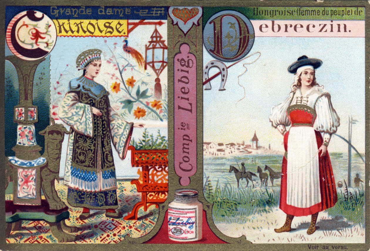 Letter C als Grote Chinese Dame en D als Hongaarse door Debreczin. Vrouwenalfabet. Serie van 12 afbeeldingen. Liebig reclame door French School
