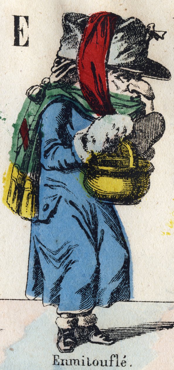 Letter E: Wikkel (Wikkel van bont en stoffen om warm te blijven). Gravure in "Comic Alphabet". Nieuwe Epinal beeld. Lithografie Pinot et Sagaire, uitgevers, tussen 1860 en 1888 door French School