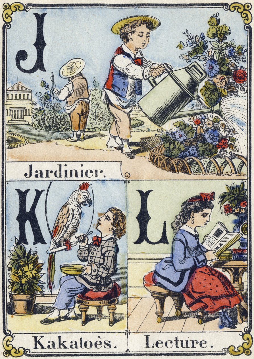 Letter J, K en L: tuinman, kakatoes en lezen. Recreatief alfabet. Epinal beeld, circa 1880 door French School