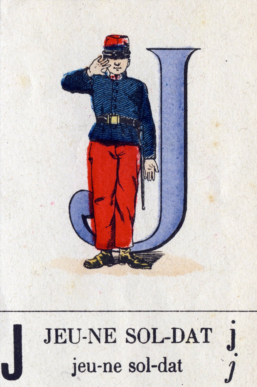 Letter J als jonge soldaat. Militair alfabet. Beeldvorming van Epinal, circa 1870-1880. Sjabloon-gekleurde houtsneden door French School