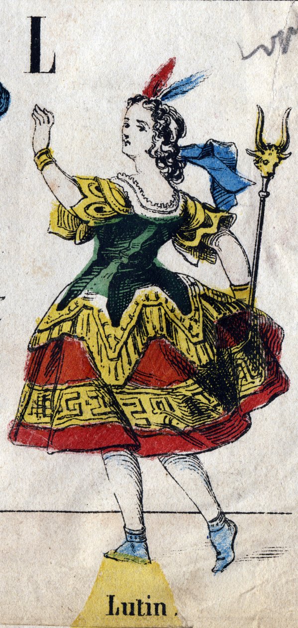 Letter L: Kabouter. Gravure in "Alfabet maskerades". Nieuwe Epinal beeldvorming. Druk-lithografie Pinot et Sagaire, uitgevers, Epinal, tweede helft van de 19e eeuw. Plaat Nr 491 met 25 verlichte letters. Afm: 40,5x28cm door French School