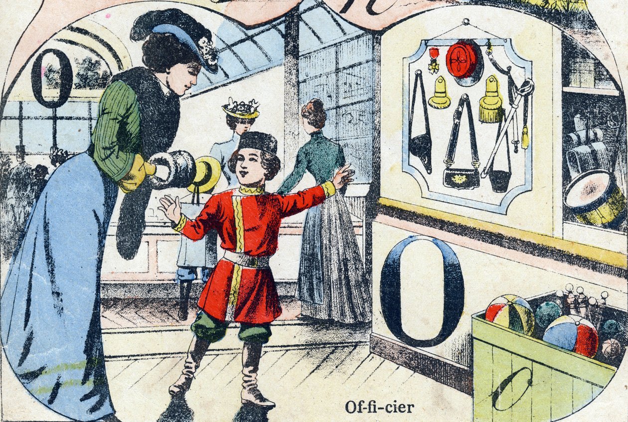 Letter O: Officier. Gravure in "ABC des joux pour petits boys". Beeldvorming van Pont-a-Mousson, Louis Vagne, drukker-uitgever, eind 19e eeuw. Afm: 32,5x25 cm door French School