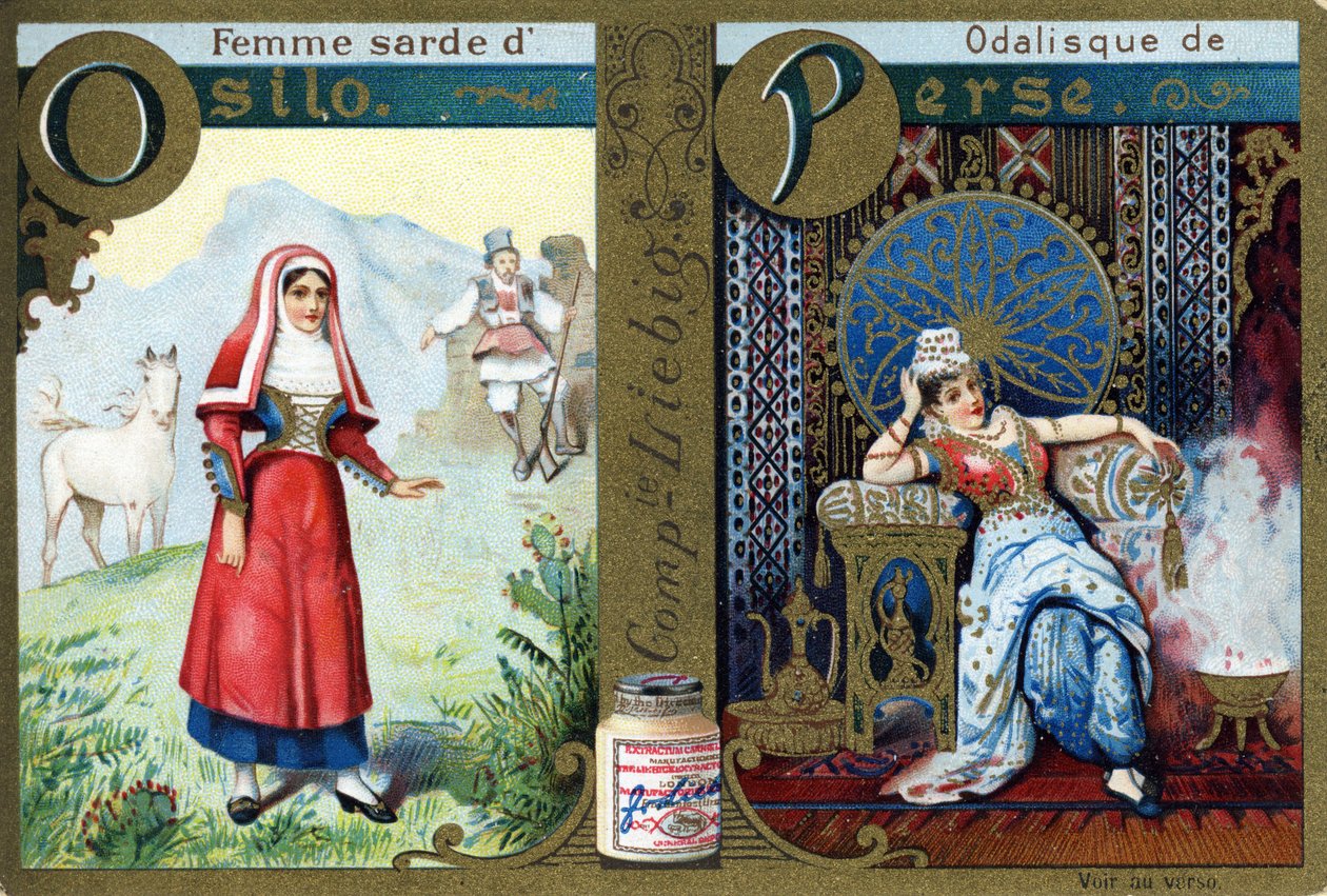 Letter O als Sardijnse vrouw van Osilo en P als Odalisk van Perzië. Vrouwenalfabet. Serie van 12 afbeeldingen. Liebig reclame door French School