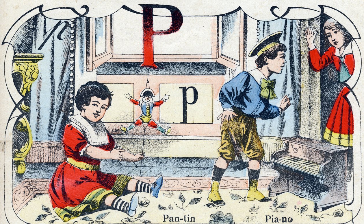 Letter P: Pantin Piano. Gravure in "ABC des joux pour petits boys". Beeldvorming van Pont-a-Mousson, Louis Vagne, drukker-uitgever, eind 19e eeuw. Afm: 32,5x25 cm door French School