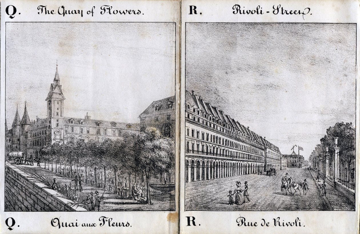 Letter Q en A: De bloemenkade en de straat van Rivoli - "Alphabet Picturesque des Monumens de Paris” c.1840 (gravure) door French School