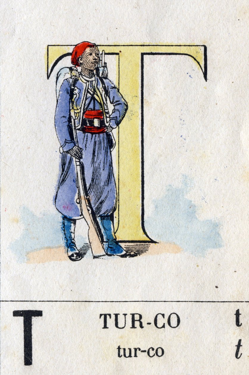 Letter T zoals turco. Militaire alfabet. Beeld van Epinal, circa 1870-1880 door French School