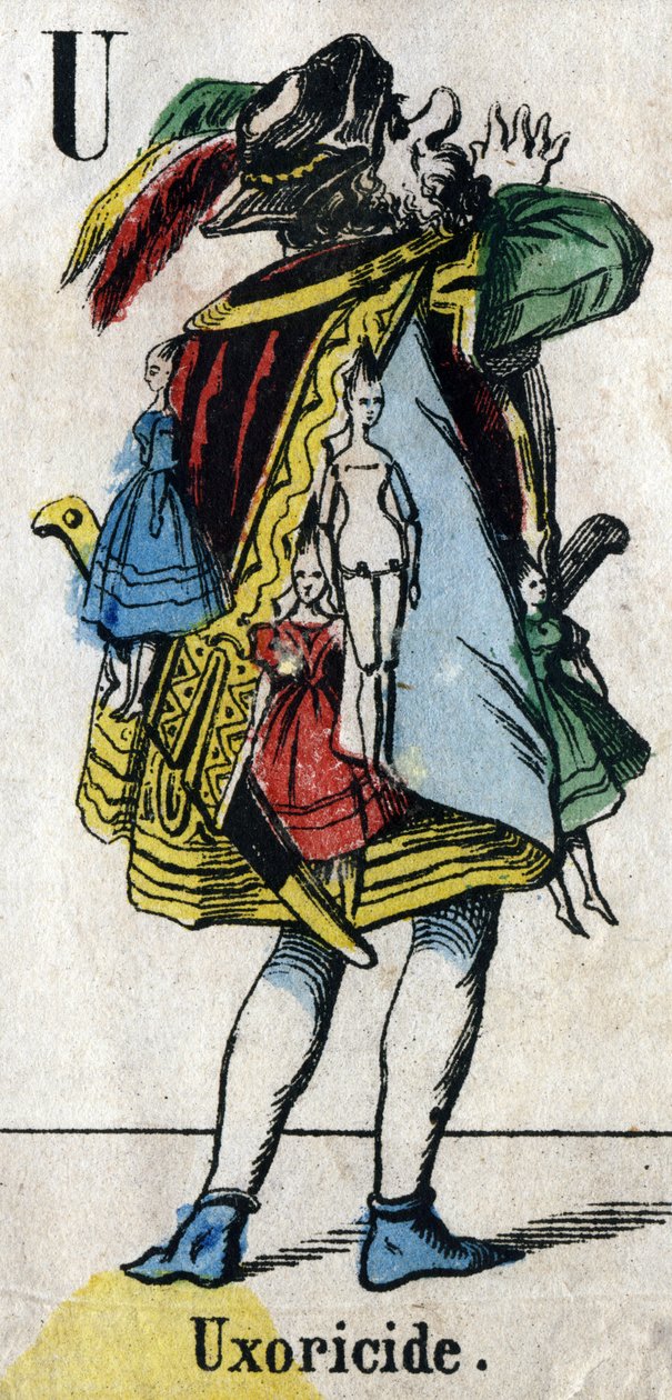Letter U: Uxoricide. Gravure in "Alfabet maskerades". Nieuwe Epinal beeldvorming. Druk-lithografie Pinot et Sagaire, uitgevers, Epinal, tweede helft van de 19e eeuw. Plaat Nr 491 met 25 verlichte letters. Afm: 40,5x28cm door French School