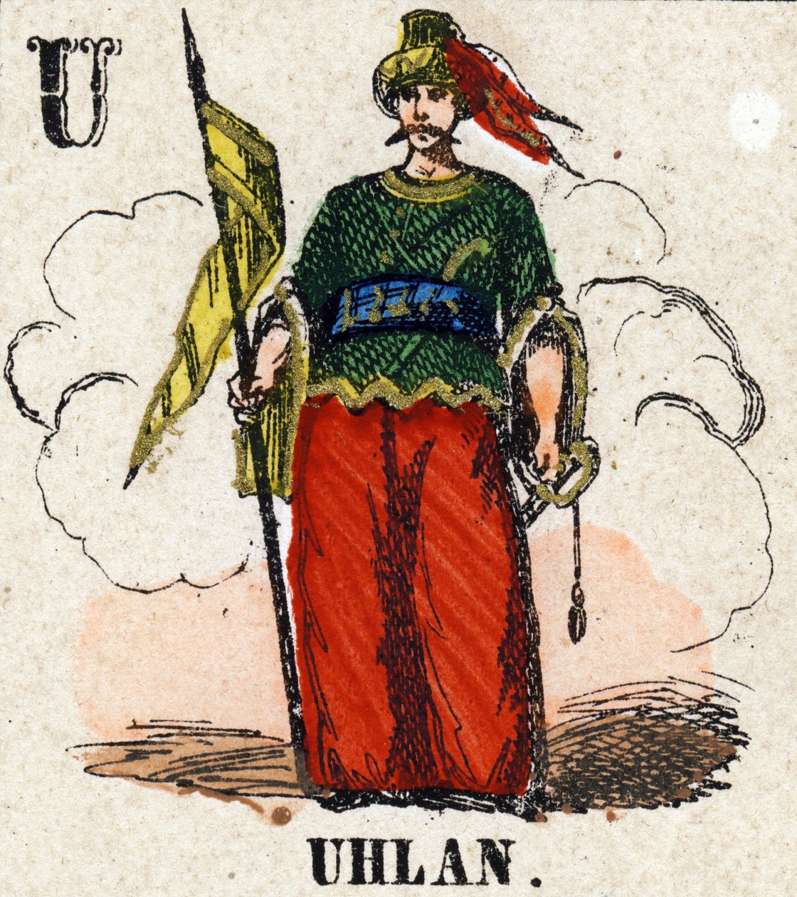 Letter U zoals Uhlan. Kleine encyclopedische alfabet. Beeld van Epinal, circa 1860 door French School