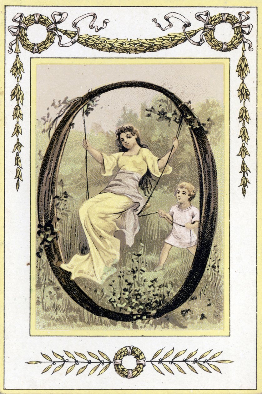 Brief met een schommelende moeder en haar zoon, eind 19e eeuw (chromolithografie) door French School