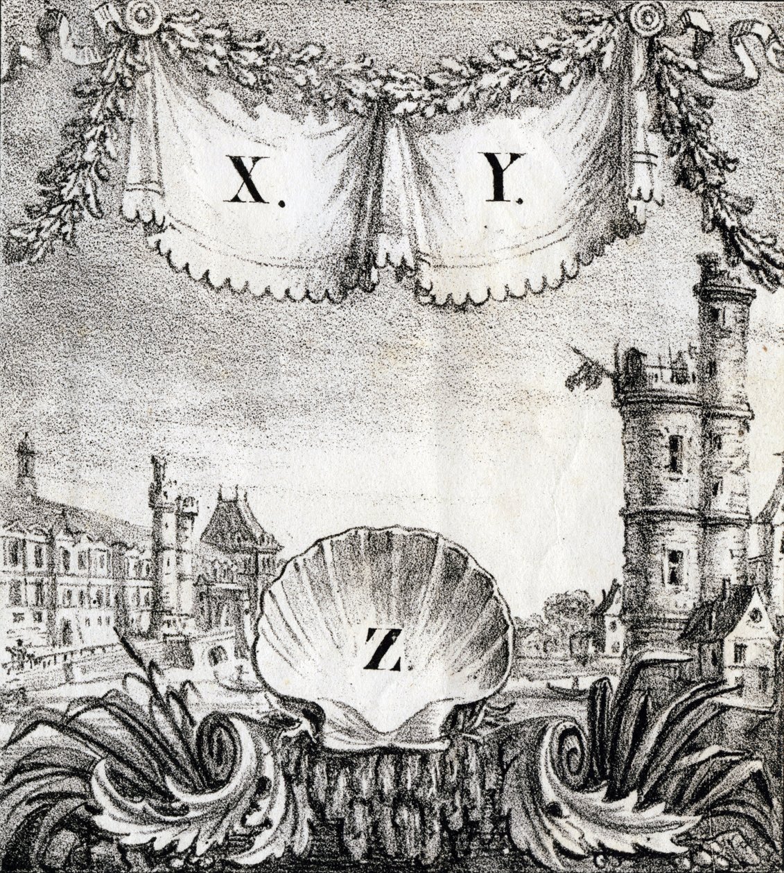Letters X, Y en Z: Parijs in 1500 - "Alphabet Picturesque des Monumens de Paris” c.1840 (gravure) door French School