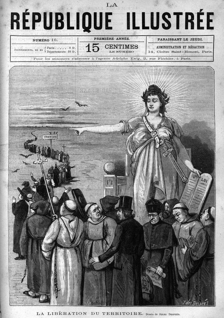Bevrijding van het grondgebied: de Franse Republiek verdrijft ongeautoriseerde religieuze congregaties van Frans grondgebied na de decreten van maart 1880 genomen door Jules Ferry en ontneemt hen het recht om les te geven. Een krant. Gravure uit 1880 in 