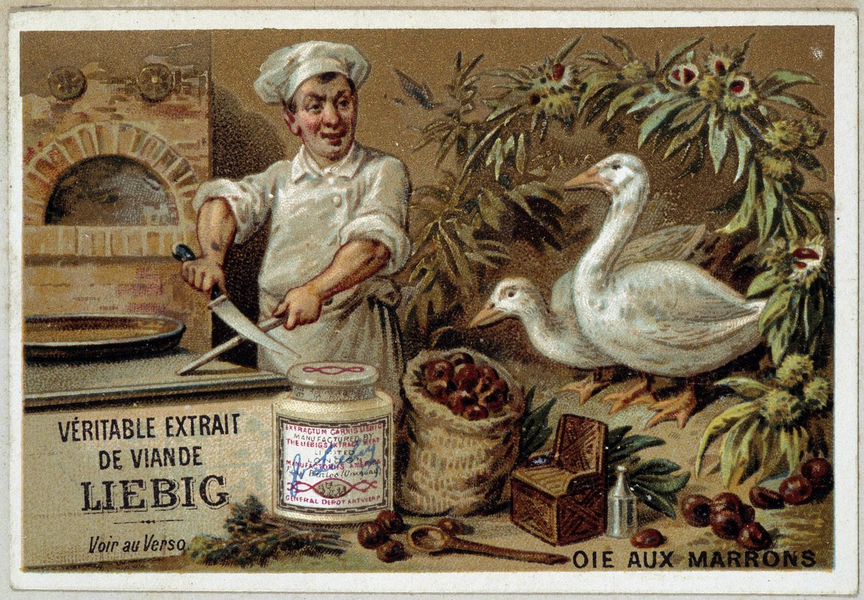 Liébig recepten: gans met kastanjes - chromo. Liébig door French School