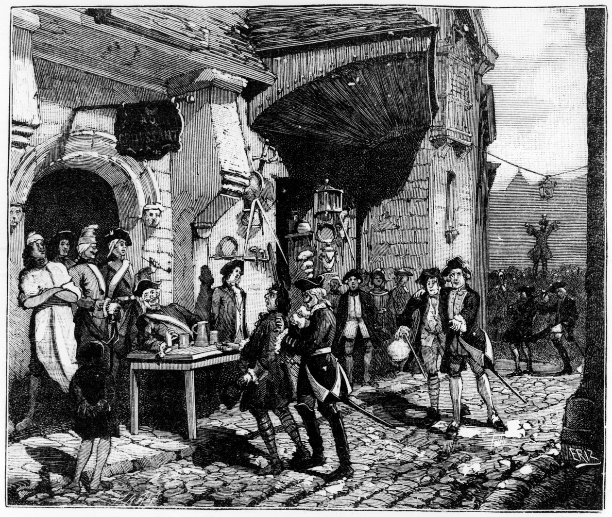 Het leven in Parijs onder Lodewijk XV: de sollicitanten wachtten op de jonge en naïeve provinciaal, hangend aan de kraaien - in "Parijs door de eeuwen heen" door Gerouillac door French School
