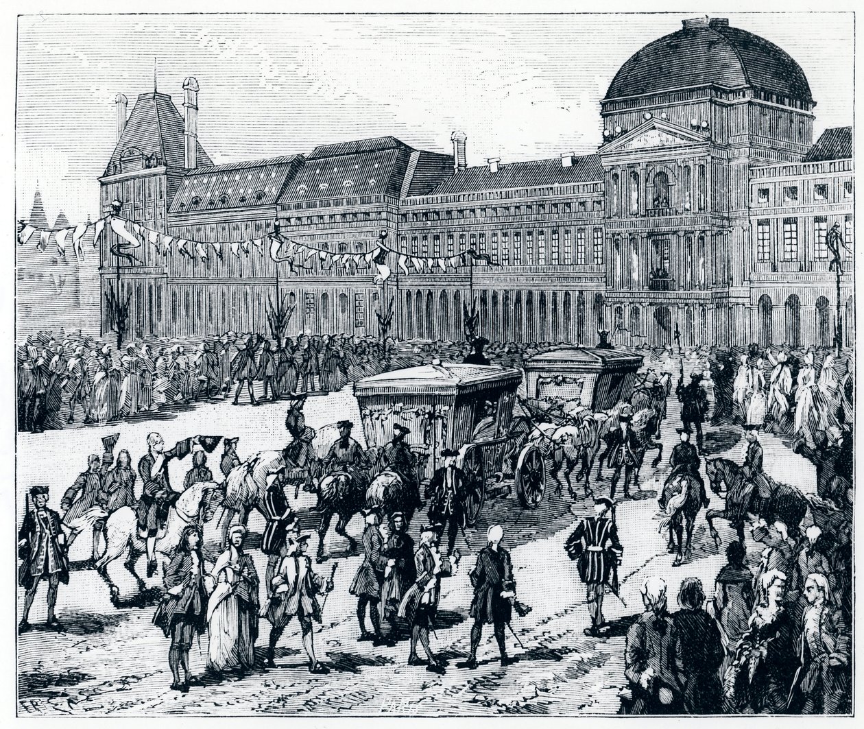 Het leven onder Lodewijk XV: de koning arriveert bij het Palais des Tuileries, waar de koningin en de dauphine op hem wachten - in "Parijs door de eeuwen heen" door Gerouillac door French School