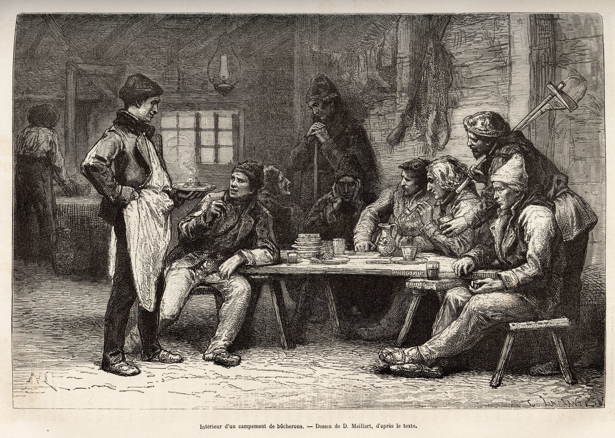Het interieur van een houthakkerskamp in Ontario. Gravure naar een tekening van D. Maillard. door French School