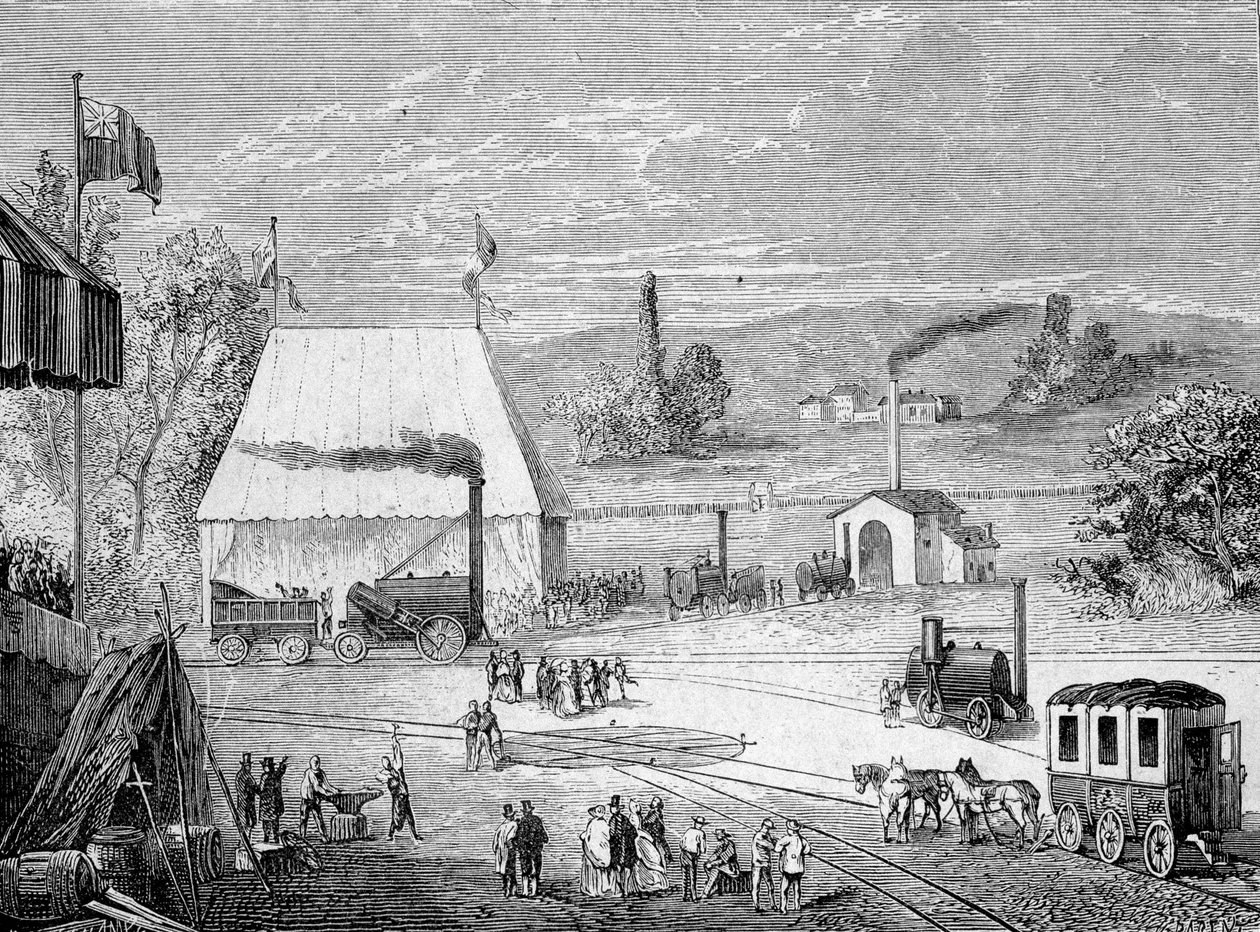 Locomotiefwedstrijd gehouden in Liverpool, oktober 1829 - in Album van Wetenschap; beroemde geleerden; Grote ontdekkingen 1896 door French School