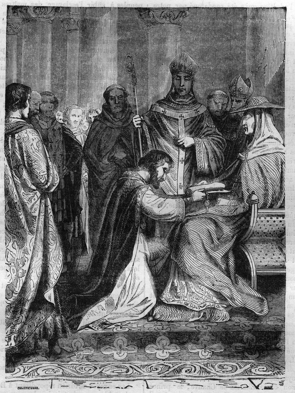 Lotharia I (795-855) aan de voeten van paus Adrien II (792-872). Gravure in 