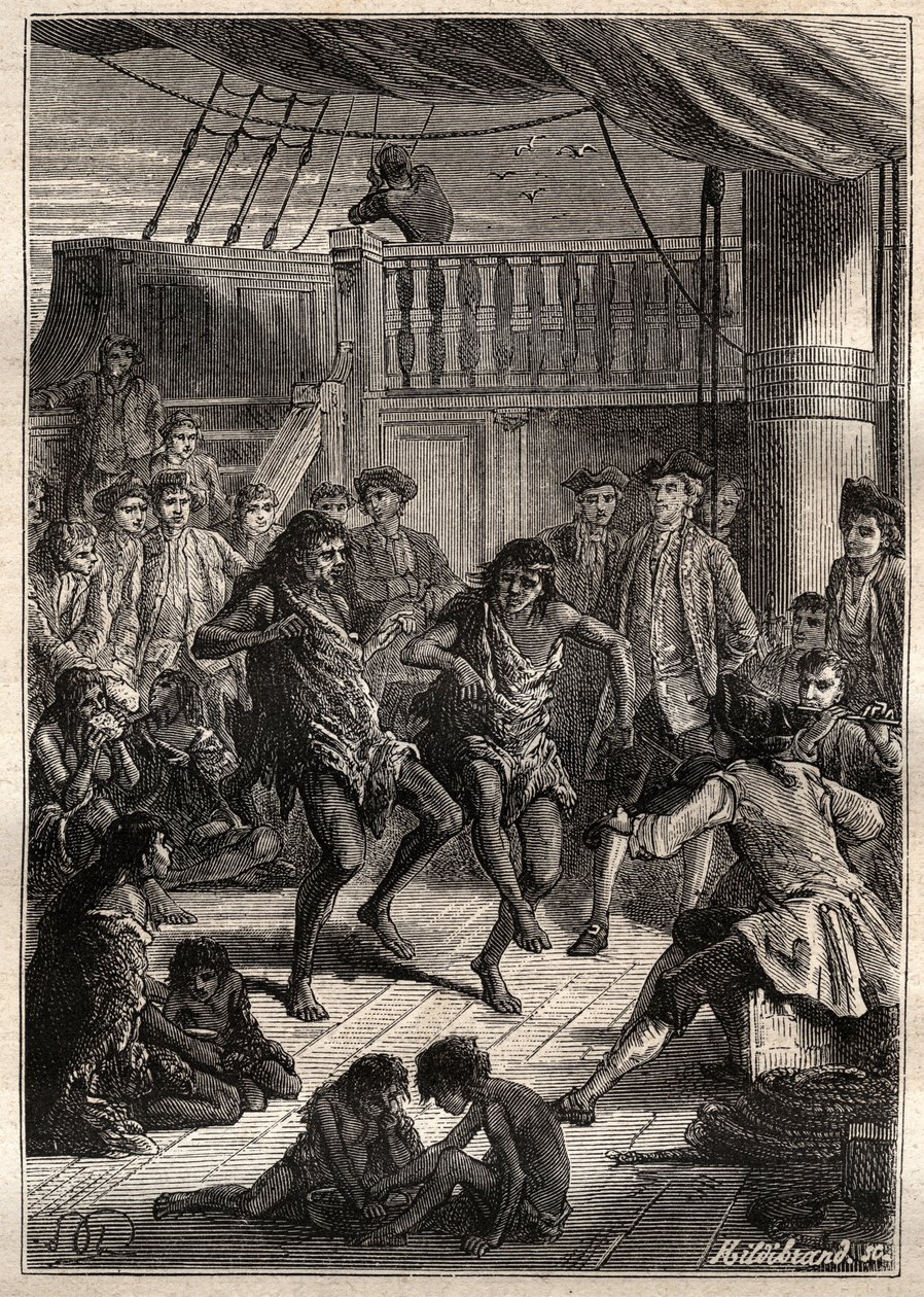 Louis Antoine, Graaf van Bougainville (1729-1811) ontving de inwoners van de Baai Fortescue (Straat van Magellaan) in zijn boot 