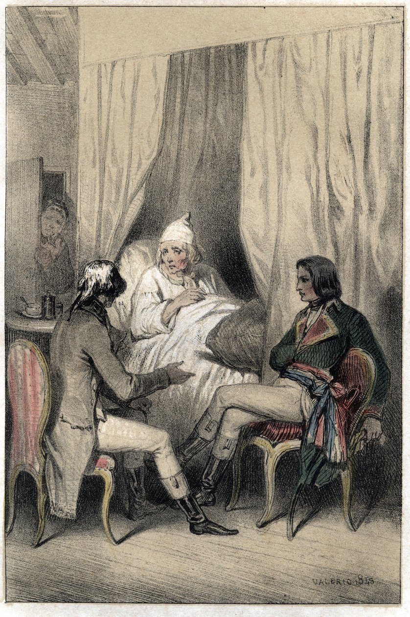 Louis Antoine Fauvelet de Bourienne (1769-1834), Franse diplomaat en bestuurder, en generaal Napoleon Bonaparte (1769-1821) vroegen een zieke oude kapitalist om geld voor de Italiaanse campagne. Plaat uit "Scenes de la vie des hommes célèbres" gravure in t door French School