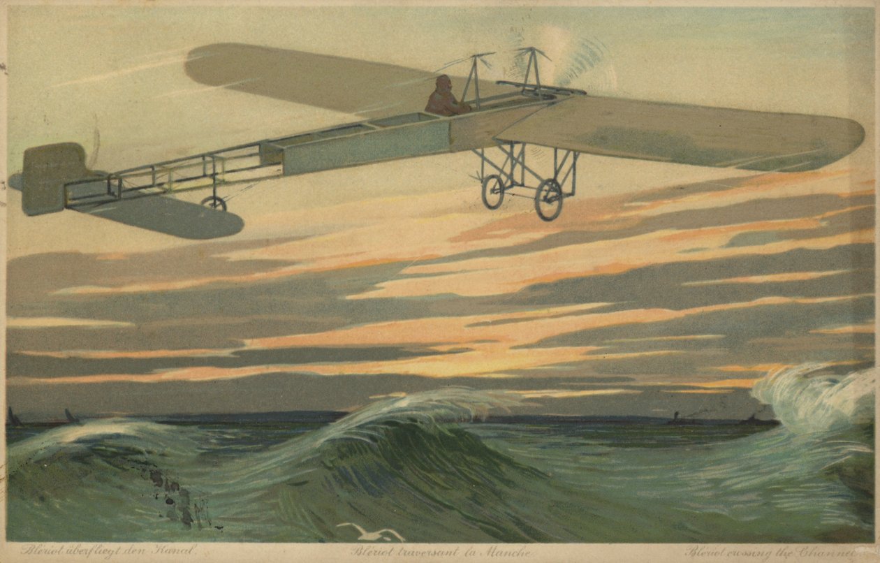Louis Bleriot maakt de eerste vlucht over het Kanaal in een zwaarder vliegtuig, 25 juli 1909 (kleurenlitho) door French School